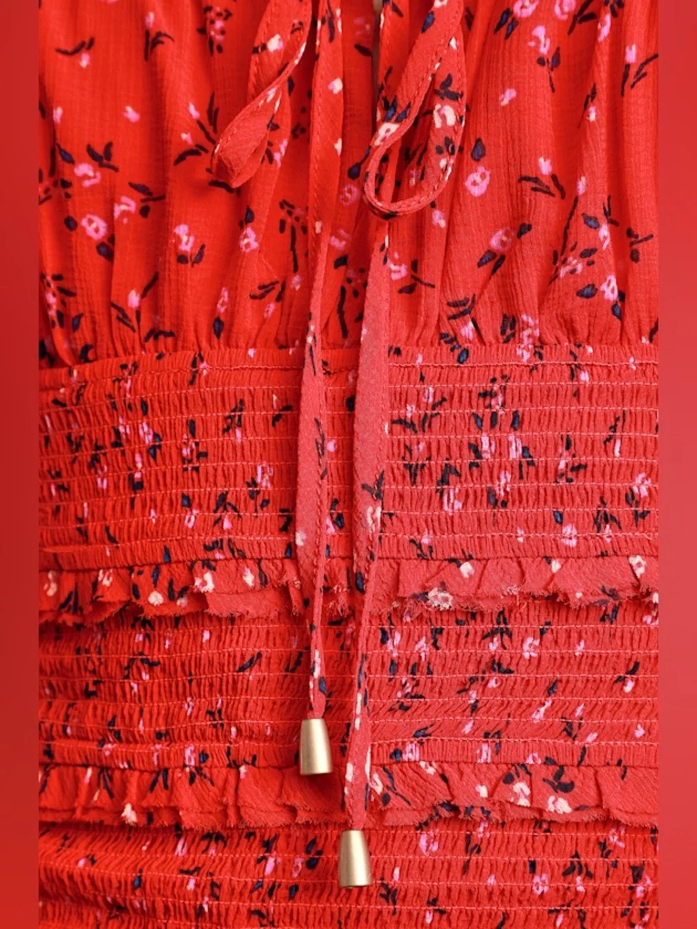 Free People Lolita Red Floral Smocked Square-Neck Long-Sleeve Crop Top Medium